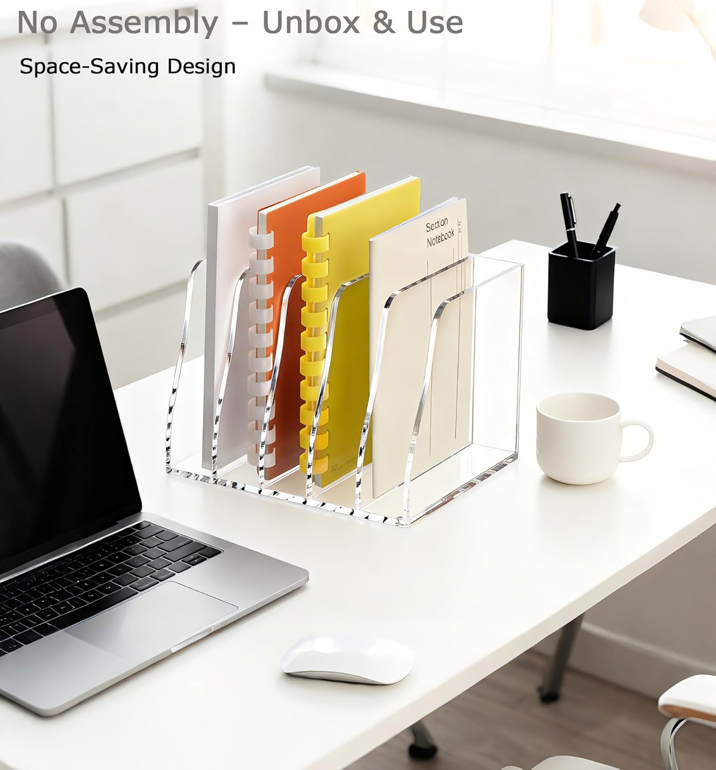 YUXUN Clear Acrylic File Folder Holder - 4 Vertical Compartments Desk Document Sorter, Upright Magazine Rack for Office/Home/Classroom, Stores Documents, Tablets, Magazines, Books & Accessories