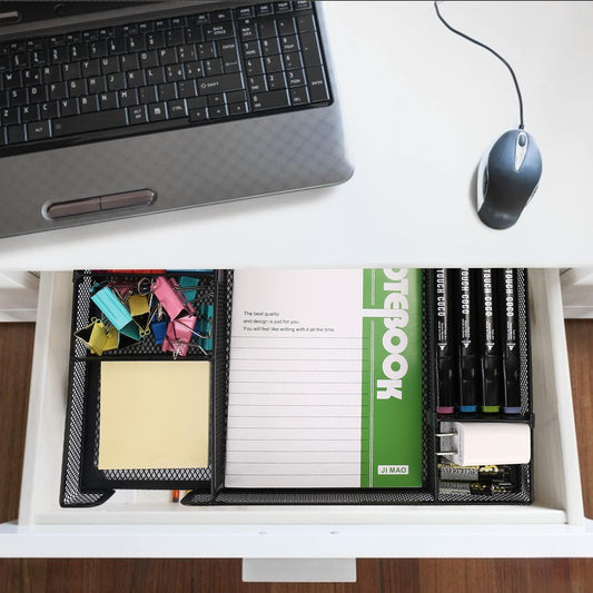Desk Drawer Organizer Tray with Adjustable Compartments, 6 Grid Metal Mesh Drawer, Multi-use Desk Organizer Storage Box Set for Office,Home,School Supplies, 12.6X9X1.9 inch