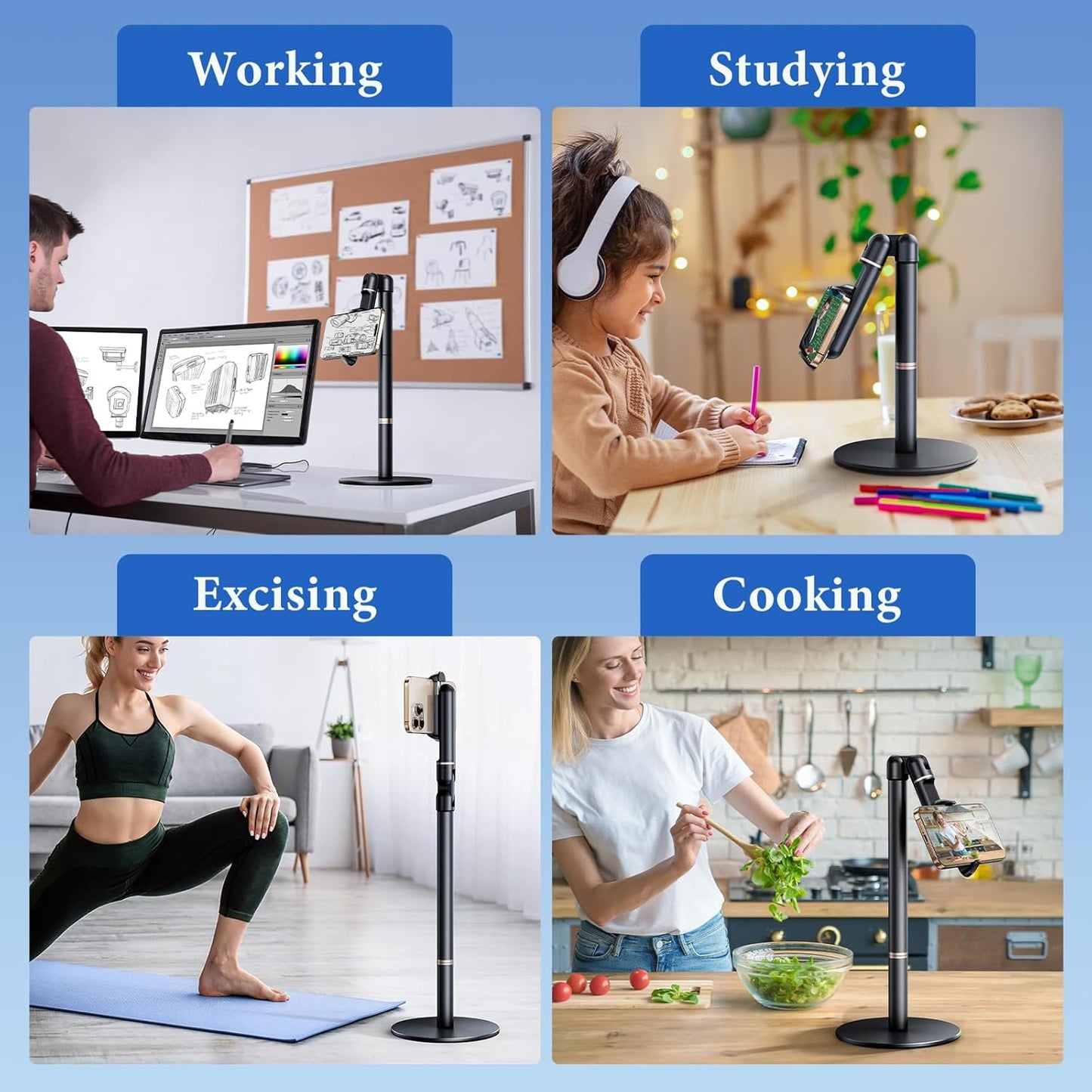 Retractable Phone Stand for Desk,10.2-24.4in Height Adjustable Rotating Phone Holder for Recording,Aluminium Overhead Phone Mount for iPhone & 4.7-7in Cell Phones