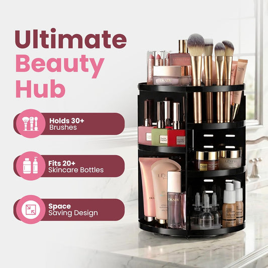 Masirs Small 360 Rotating Makeup Organizer - Mini Yet Spacious Cosmetic Storage Solution with Multiple Compartments - The Perfect Spinning Make-Up Caddy for Vanity or Bathroom Counter (Round - Clear)