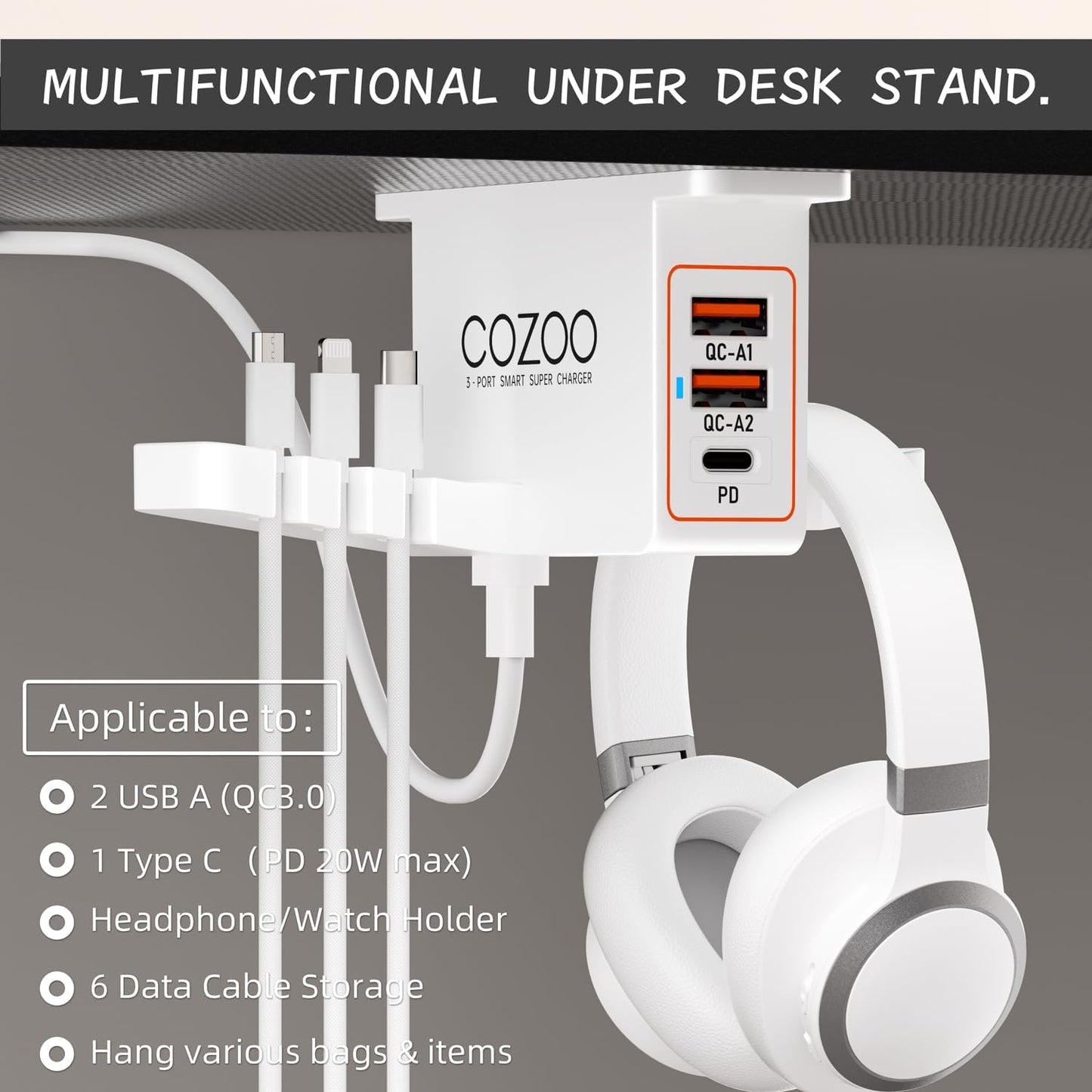 cozoo Headphone Stand with USB Charger Under Desk Headset Holder Mount 3 USB Charging Station,iWatch Stand Watch Dock Dual Earphone Hanger Hook,PC Accessories Gifts,UL Tested