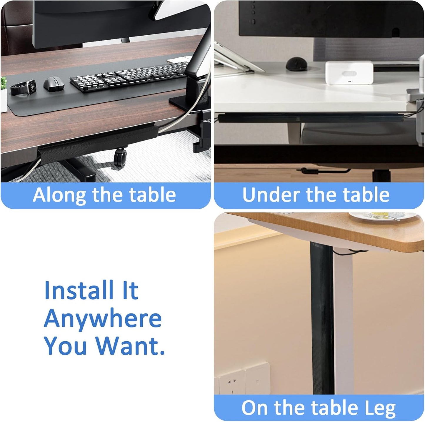 Adhesive Under Desk Cable Management, No-Screw Cable Organizer, Easy Install Cord Hider, Black