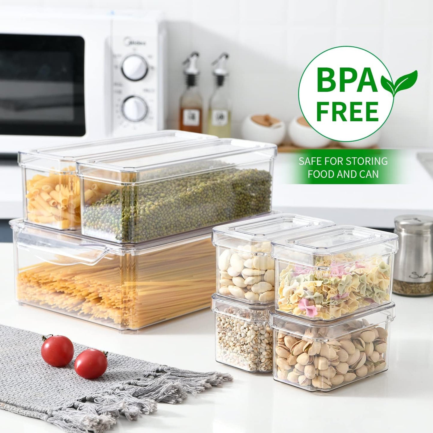 Pure Future 10-Pack Clear Fridge Organizer Containers with Lids, Stackable BPA-Free Refrigerator & Produce Storage Containers with Drain Tray & Anti-Slip Base for Fruits, Veggies & Drinks