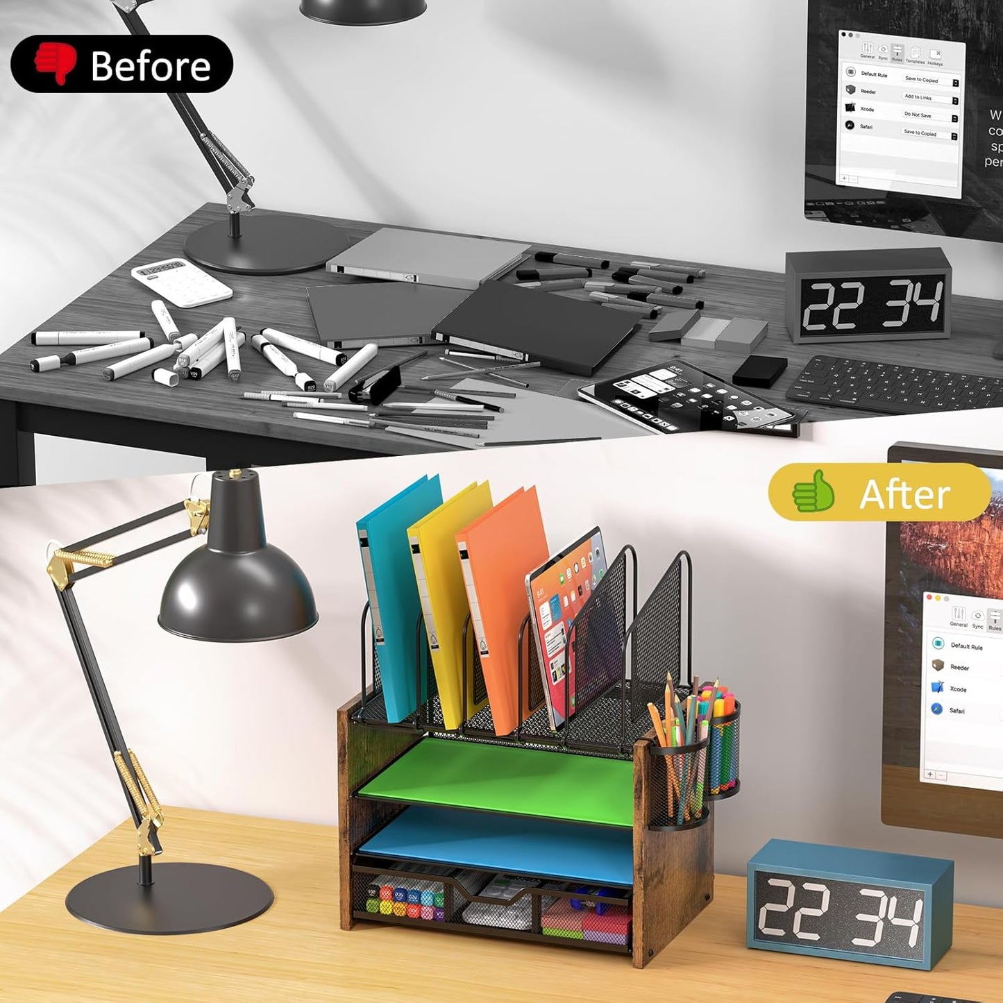 4-Tier Desk Organizer, Desk File Organizer with 5 Vertical File Holders, Office Desktop Organizer with 3 Level Paper Organizer Letter Tray, Wooden Desk Organizers and Accessories for Home Office