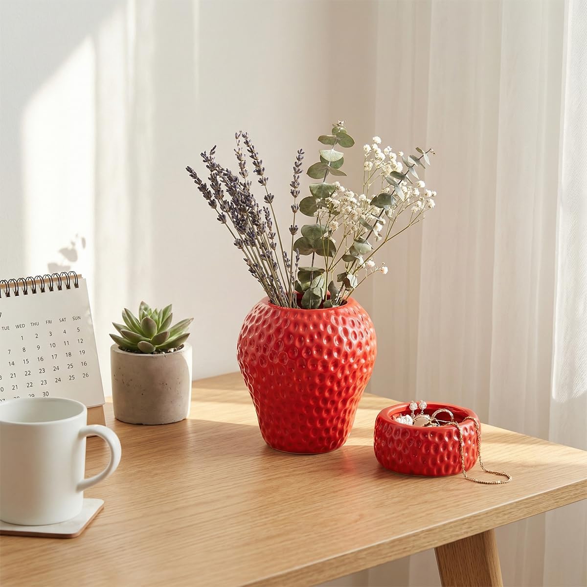 Ceramic Paper Clip Holder, Strawberry Pen Holder Set, Desktop Aesthetic Creative Storage Set of 2, Office Home Decor(Red)