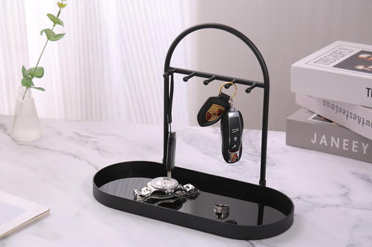 Shinpuru Metal Jewelry Organizer Stand & Key Holder Tray with Acrylic Base, Key Stand and Jewelry Tray with 5 Hooks, Perfect Key Bowl, Valet Key Tray, Ring Holder, Jewelry Dish (Silver Black)