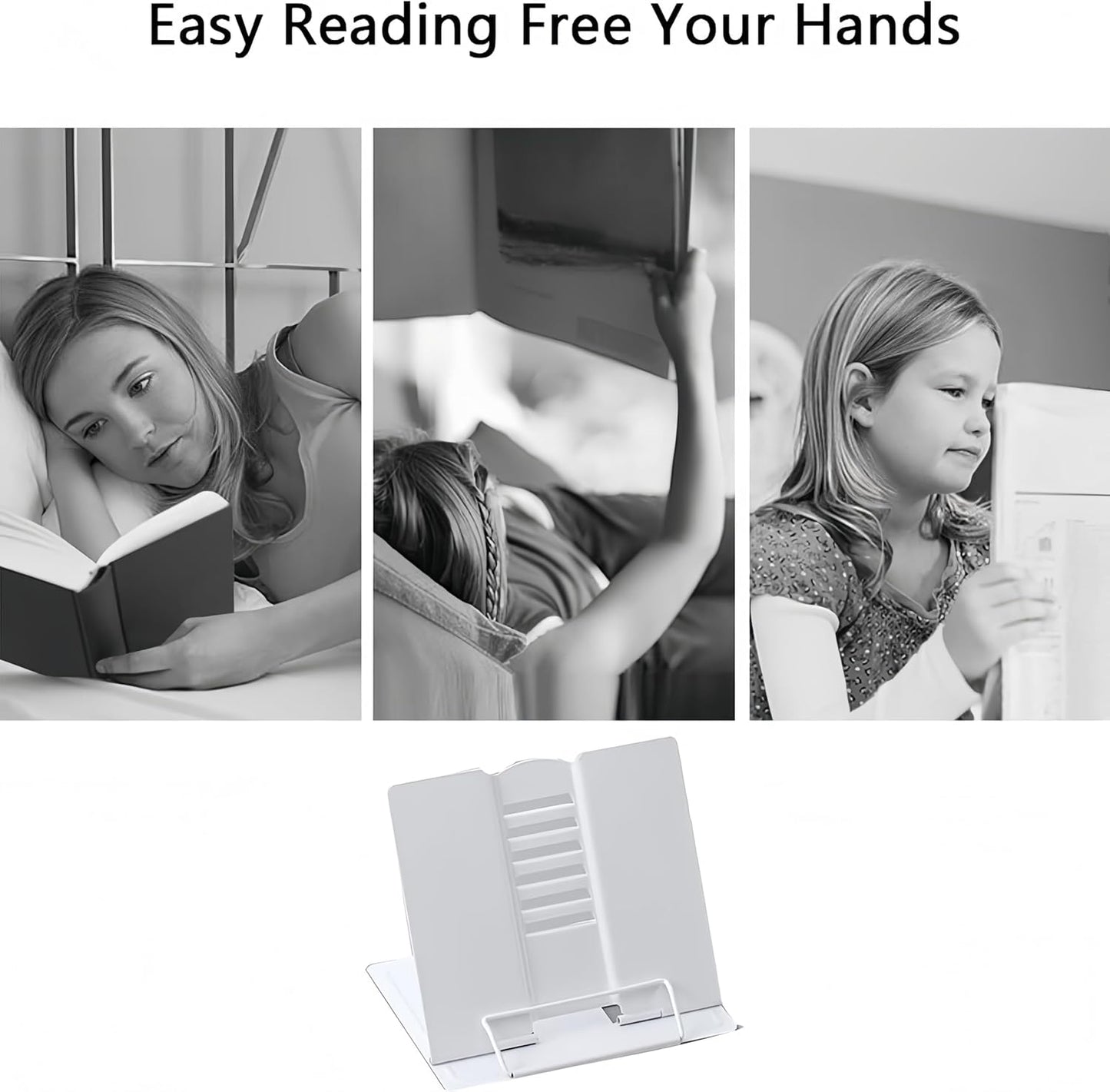 Azheeujy Metal Book Stand Folding Reading Book Holder with 6 Adjustable Angles and Paper Page Clip,Sturdy Desktop Book Holder for Cookbook,Magazine,Textbooks,Document,Music Book,Laptop,Tablet (Black)