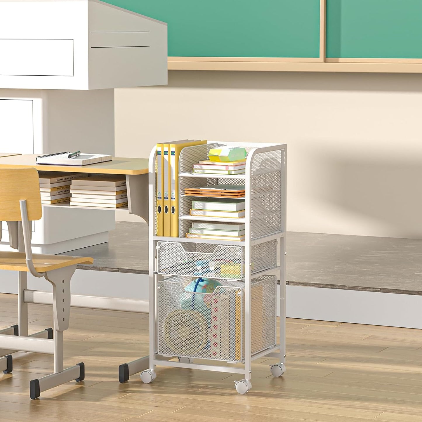 5-Tier Rolling File Cart Under Desk with Drawers, File Cabinet Organizer for Hanging File Folders, Letter-Size File Storage with Wheels, Multi-Layer Mobile Filing Cabinet for Under Desk Storage
