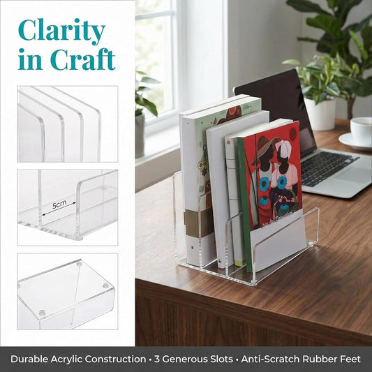 Jucoan Clear Acrylic File Holder, 3 Sections Vertical Desktop Organizer, 9 x 6.5 x 6.5 Inch Office File Sorter Stand Rack for Documents Letter Book