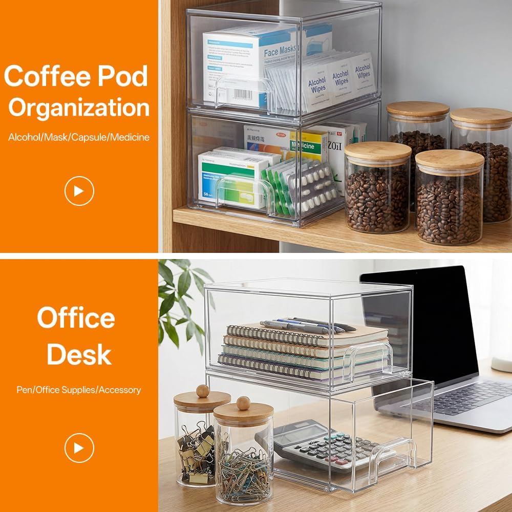 6 Pack Clear Stackable Storage Drawers & Qtip Holder Dispenser with Bamboo Lids, Acrylic Drawer Containers Plastic Organizer Bins for Makeup, Bathroom, Cabinet, Undersink