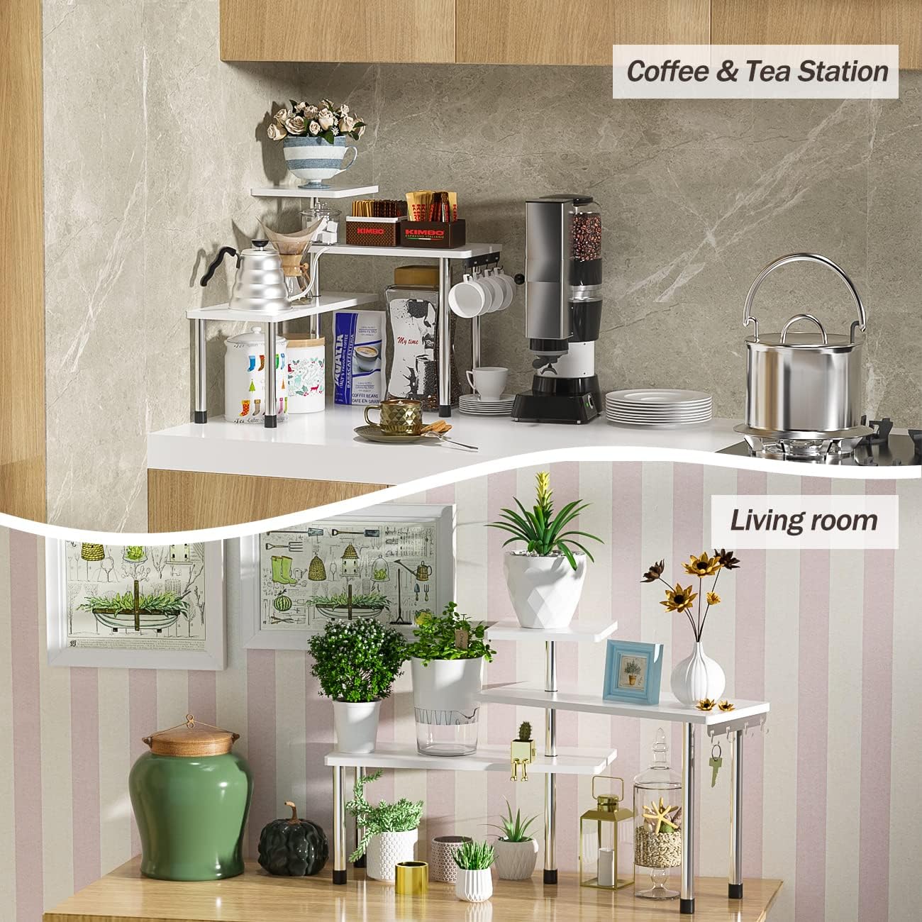 ZHWS Kitchen Countertop Organizer Spice Rack for Salt, Bathroom Counter Organizer Over Sink for Makeup, Skincare, Adjustable 3-Tier Corner Counter Shelf with 4 Hooks for Coffee Bar Dresser Table