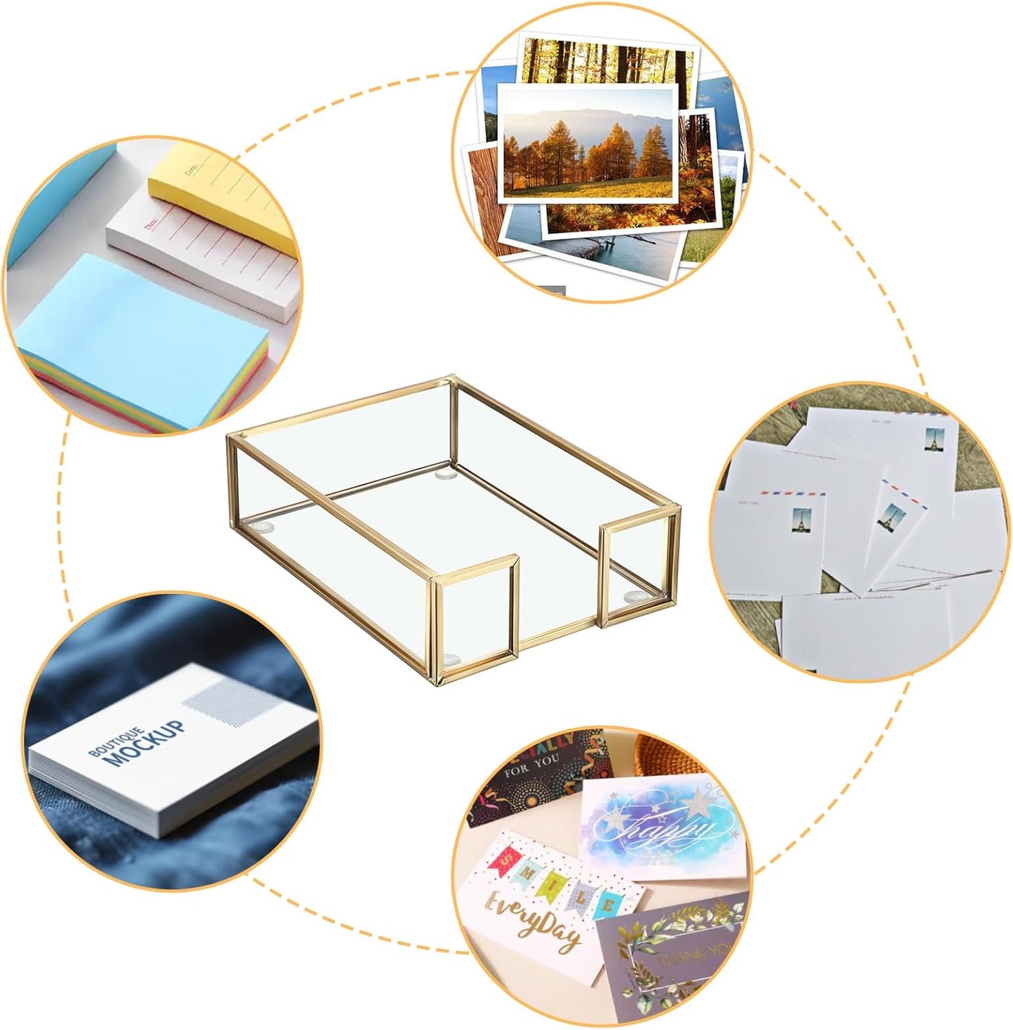 BTSKY Golden Glass 3x3 Inch Sticky Note Holder with Pen Slot, Elegant Post It Note Dispenser with Non-Slip Pads Clear Notepad Holder for Desk Organization Planning, Home Office Decor