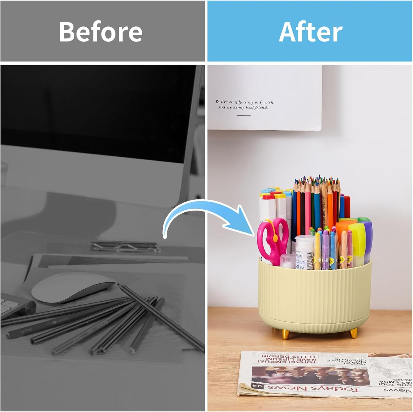 Marbrasse Desk Organizer, 360-Degree Rotating Pen Holder, Desk Organizers and Accessories with 5 Compartments Pencil Holder, Art Supply Storage Box Caddy for Office, Home(White)