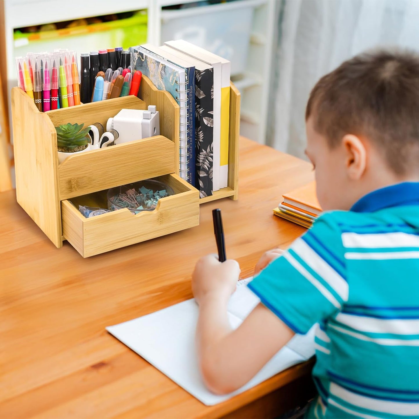 ZAVOOS Bamboo Desk Organizer, Multi Use Tabletop Storage Office Supplies with Drawer Pen Holder, 5 Compartments Heavy Duty Desk Accessories for Home Office Organization, No Assembly Required
