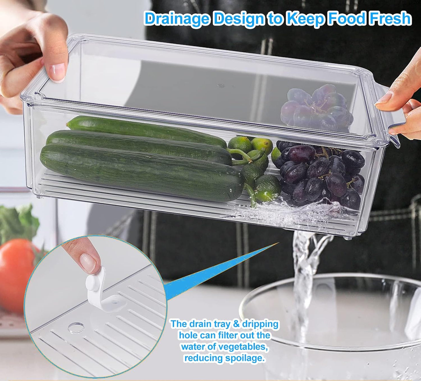 KUMD 10-Pack Clear Fridge Organizer Bins with Lids, Stackable Refrigerator Storage Containers, BPA-Free with Drain Tray & Anti-Slip Base for Fruits, Veggies, Drinks