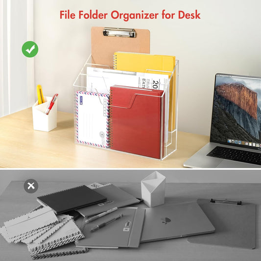 BEYGORM Acrylic File Folder Holder, 3 Tiers Clear Wall Hanging Magazine Rack, Desktop Large Vertical Tiered File Holder for Office and Home, Upright File Storage for Desk