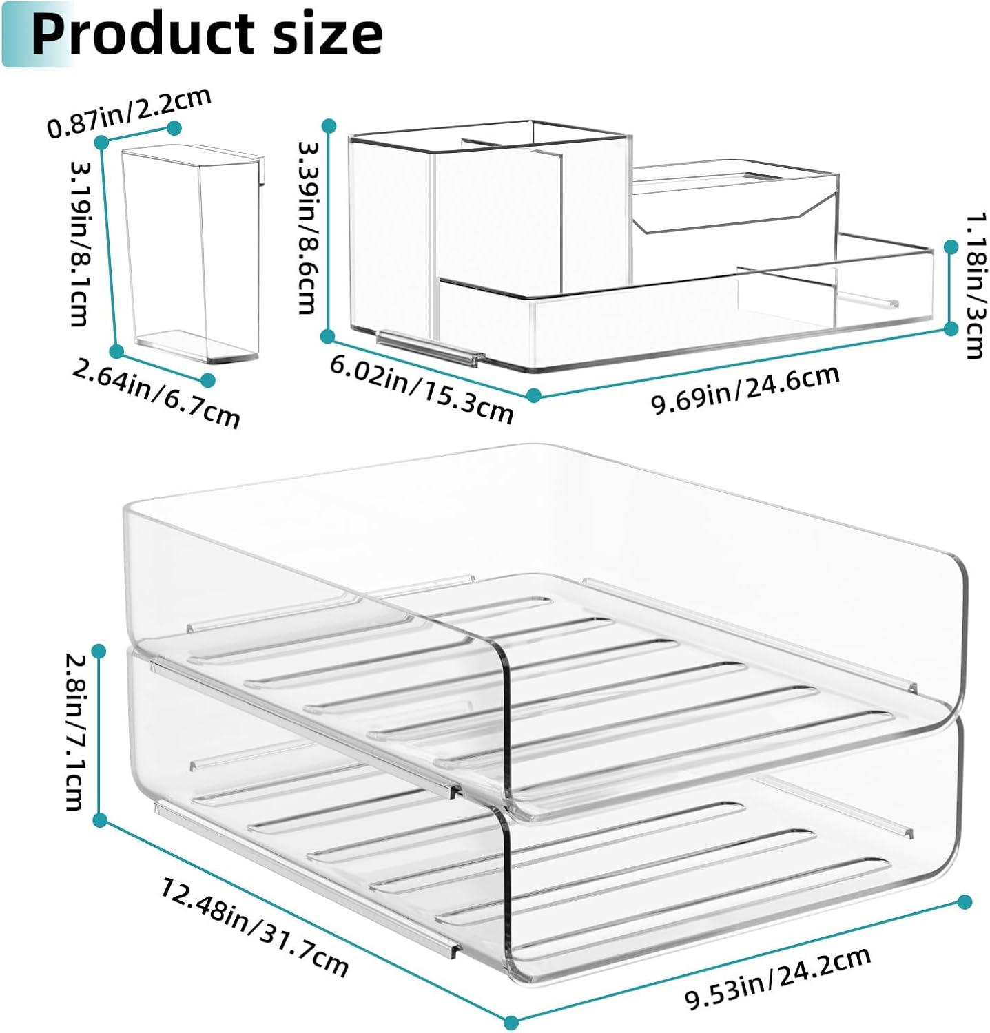 Paper Organizer Letter Tray - Acrylic Stackable Desk File Organizer with 5-Gird Tray and Pencil Holder, Clear File Organizer for Desk, Office Organizer for File Paper, Ipad, Letter, Small Item Etc