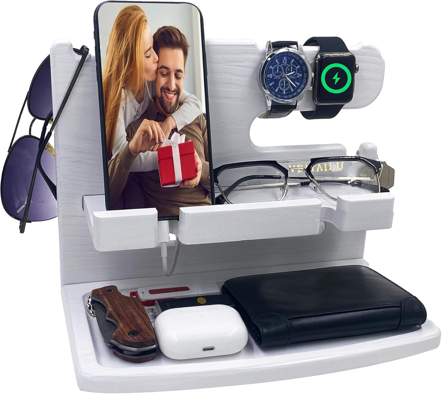VEIYAILU Gifts for Men Women Dad Husband Boyfriend Wood Phone Docking Station Nightstand Organizer for Men Birthday Gifts (Dark Brown)