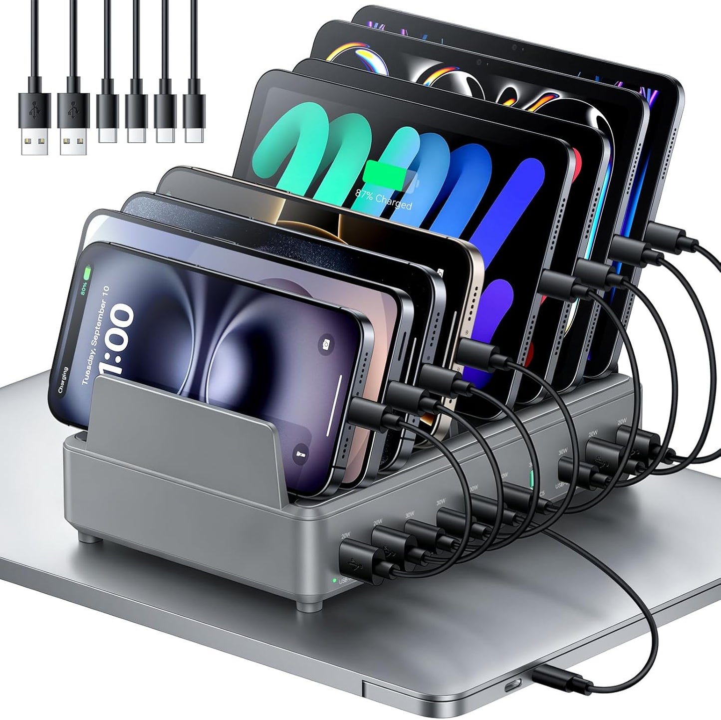 400W Charging Station for Multiple Devices, 10 Port Double PD 100W USB C Charging Station with 6 Cables, Multi-Device Organizer Fast Charging Dock for MacBook, iPad, iPhone, Cell Phone, Tablet