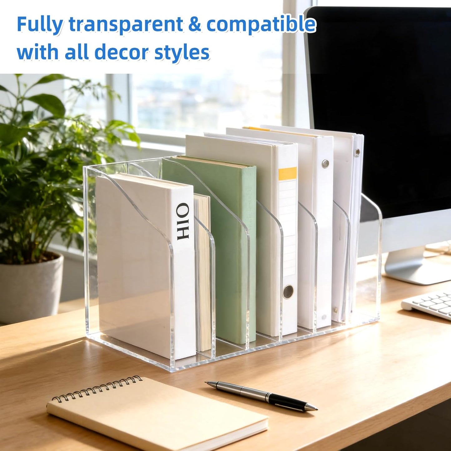Acrylic Magazine File Holder, 6 Vertical Compartments Clear Acrylic File Organizer, Desktop Document Sorter & Bookend for Office/Home/Classroom, Storage for Documents, Books, Tablets & Accessories