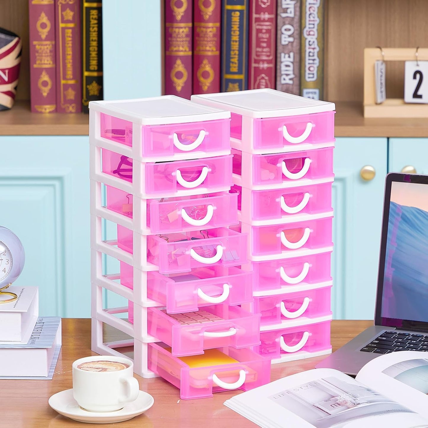Thyle 2 Pcs Plastic Drawers Organizer Mini Organizer Stackable Plastic Clear Drawer Storage Box Containers Storage Units for Desktop Classroom Craft 6.7 x 4.9 x 13.4 inches(Purple)