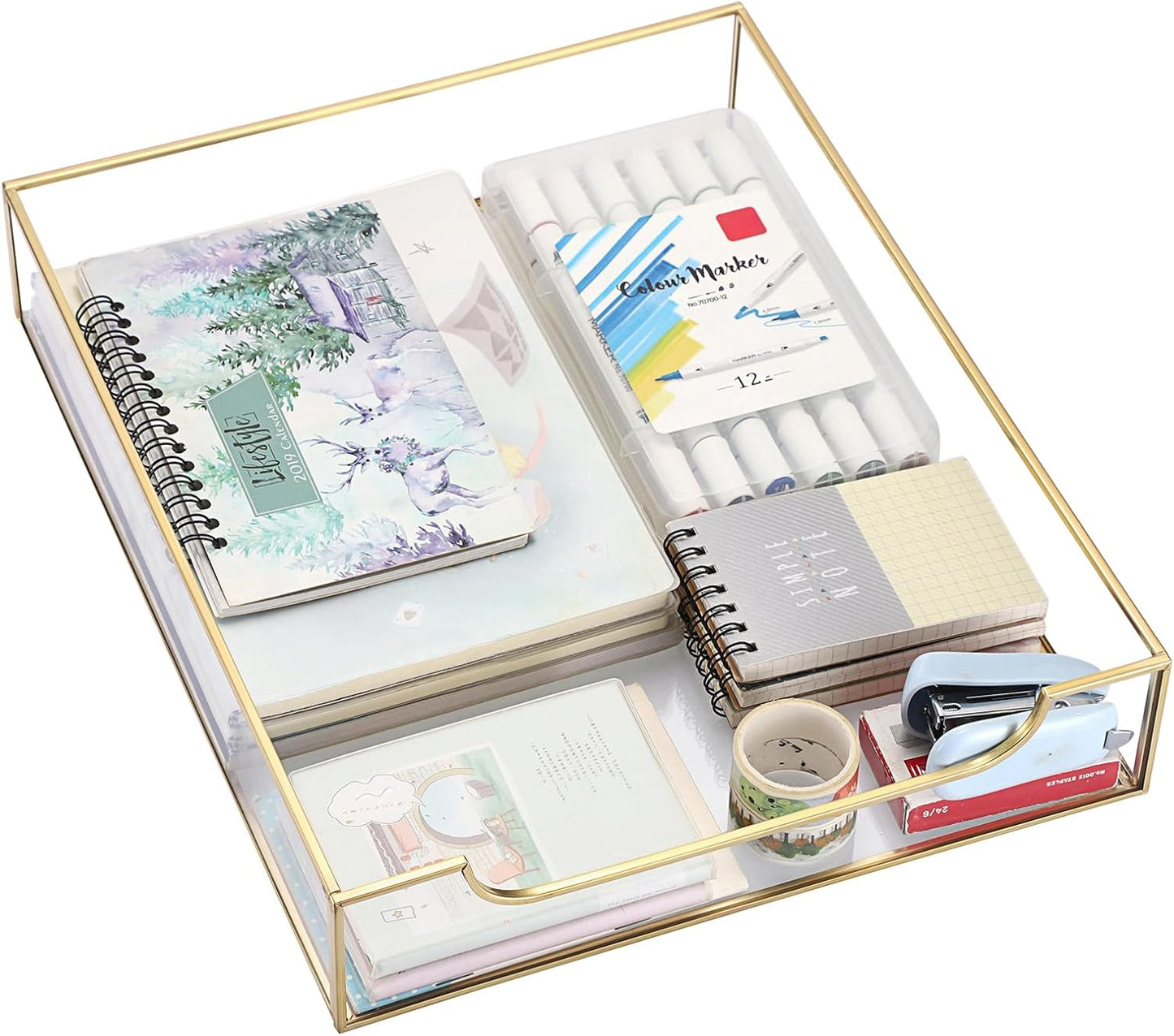 BTSKY 1 Pack Golden Glass Desk Tray, Multi-Purpose Organizer for A4 Paper, Documents, Desk Supplies, Makeup, Clear File Tray with Metal Frame, Stackable Decorative Storage for Home Office Vanity