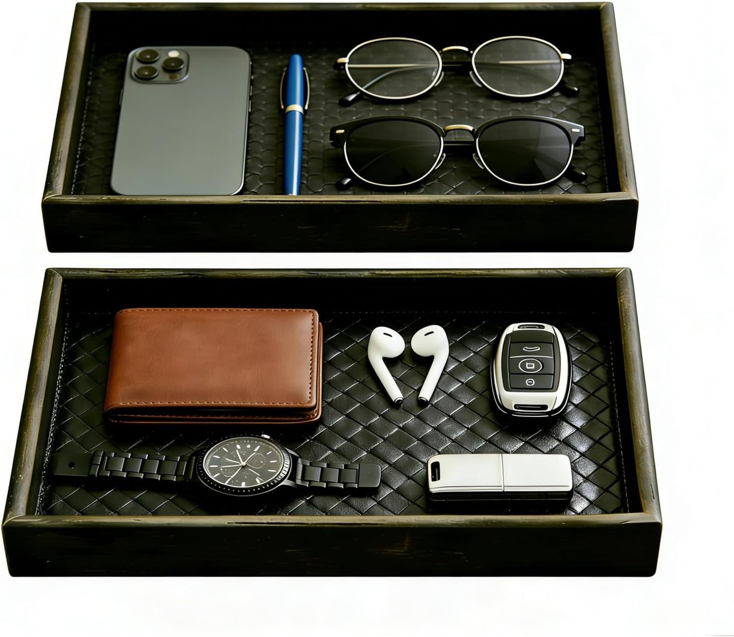 Dark Walnut Finish Wooden Valet Tray with Black Woven Faux Leather Base, MDF Construction, Nightstand Catchall Organizer Desk Tray for Men, Keys, Wallet, Watch & Accessories