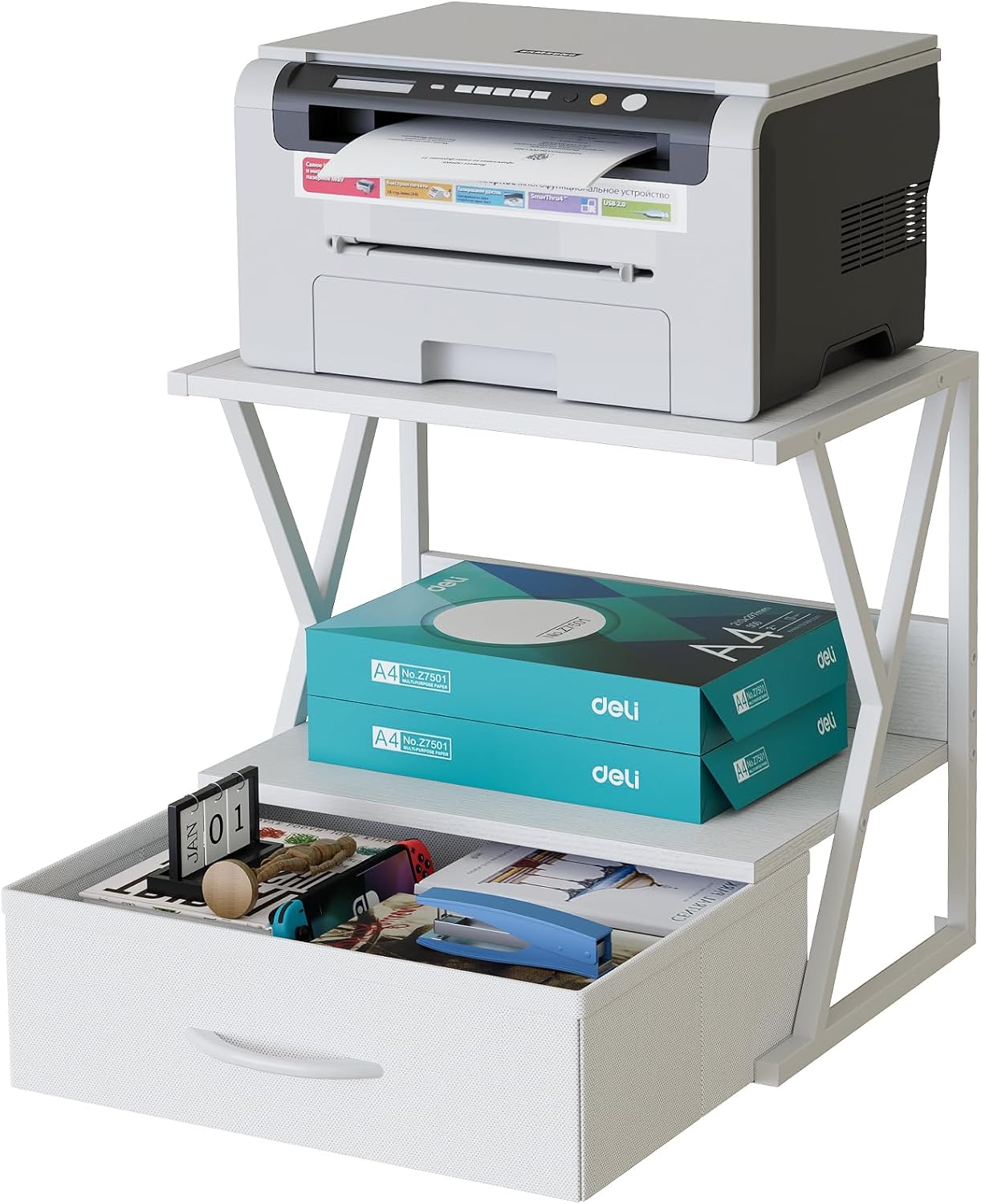 aboxoo Printer Stand for Desk with Storage Drawer, 2 Tier Desktop Or UnderDesk Shelf, Multi-Purpose Desk Organizer for Home Office, fit Fax Machine/3D Printer/Scanner, Rustic Brown