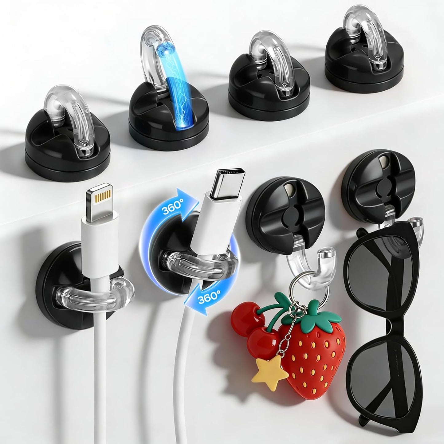 Magnetic Cable Clips, 8 Pack 360° Rotatable Cord Organizer, No-Residue Adhesive Wire Holder for Under Desk, Nightstand, Wall, Car Charger Phone Cord Management for Office Home Cute Desk Accessories