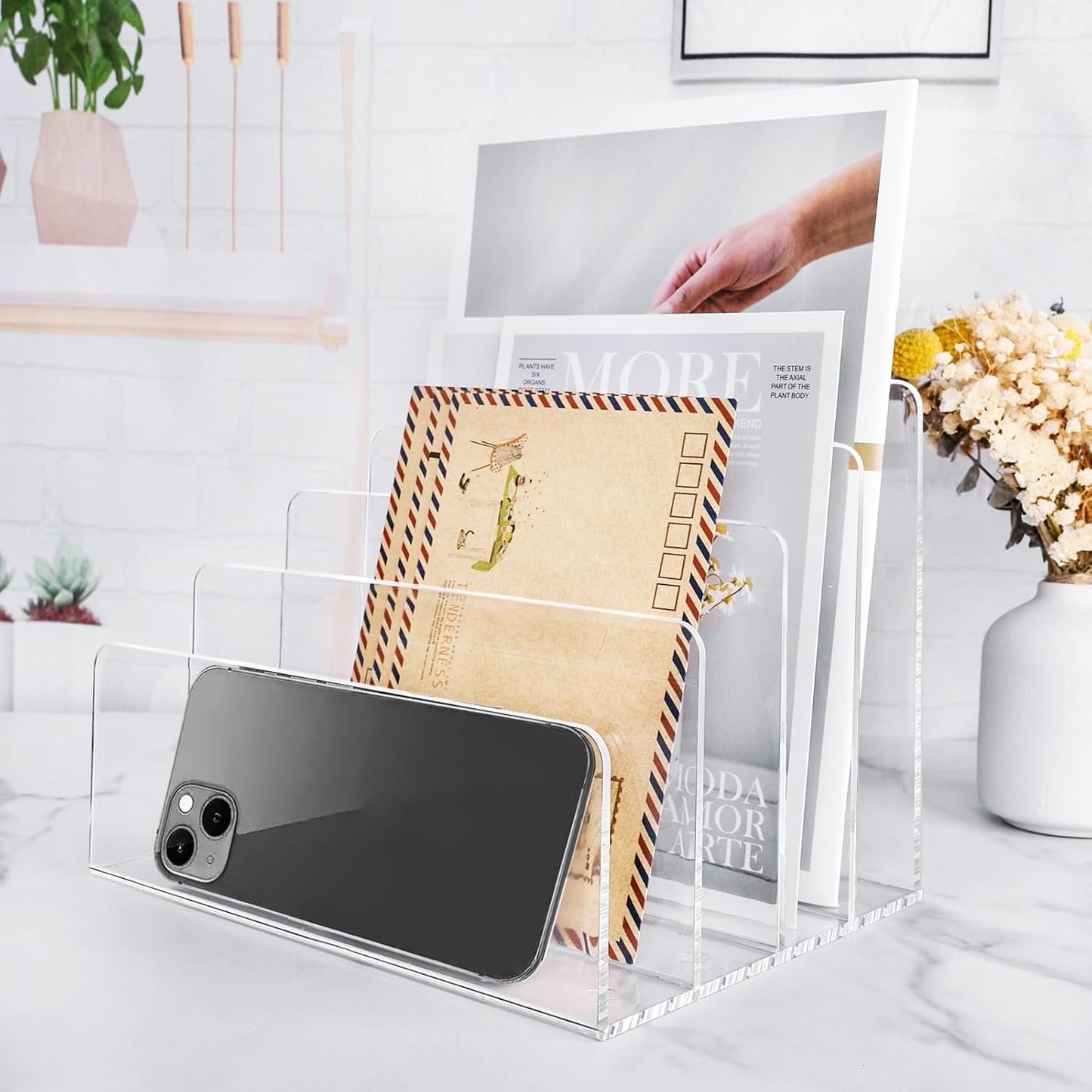 4 Section Acrylic File Organizer, Clear Desk Organizer and Accessories, Sturdy File Folder Holder Sorter, Office Supplies for Mail Letter Paper Electronic Notebook