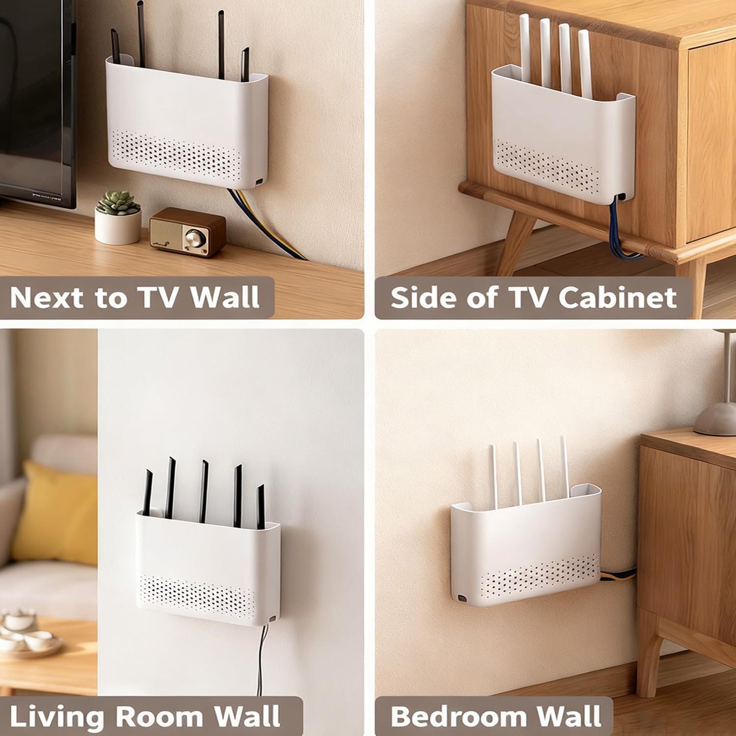 Wall Mounted Router Storage Box - No-Drill WiFi Router Organizer with Heat Dissipation Holes, Cable Management Box for Living Room, Bedroom, Study, Dorm, Apartment