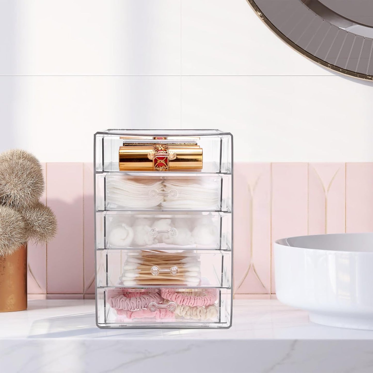 BTSKY Clear Acrylic Storage Organizer with Drawers, 3-Layer Desktop Organizer for Office Essentials, Multi-Purpose Stackable Container for Bathroom Vanity, Desk Makeup Jewelry Container Storage Box