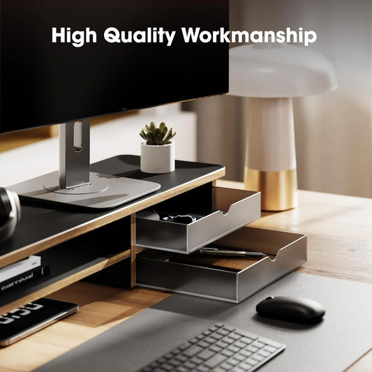 Fenge Monitor Stand, Dual Monitor Riser, 42.5inch Large Desk Computer Monitor Stand Riser with Drawer, 2 Tier Wood & Acrylic Desktop Organizer for Computer, Laptop, Printer, TV Screen Riser