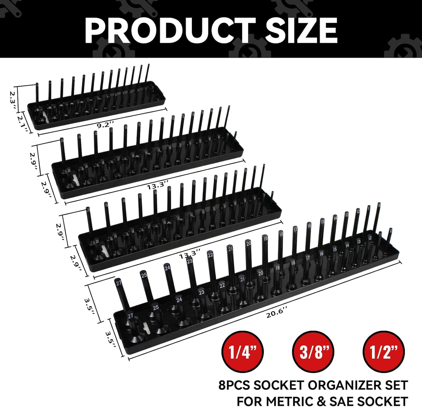 AIUITIO 6PCS Socket Organizer Tray Set, Red SAE & Black Metric Socket Storage Trays, 1/4-Inch, 3/8-Inch & 1/2-Inch Drive Deep and Shallow Socket Holders for Toolboxes