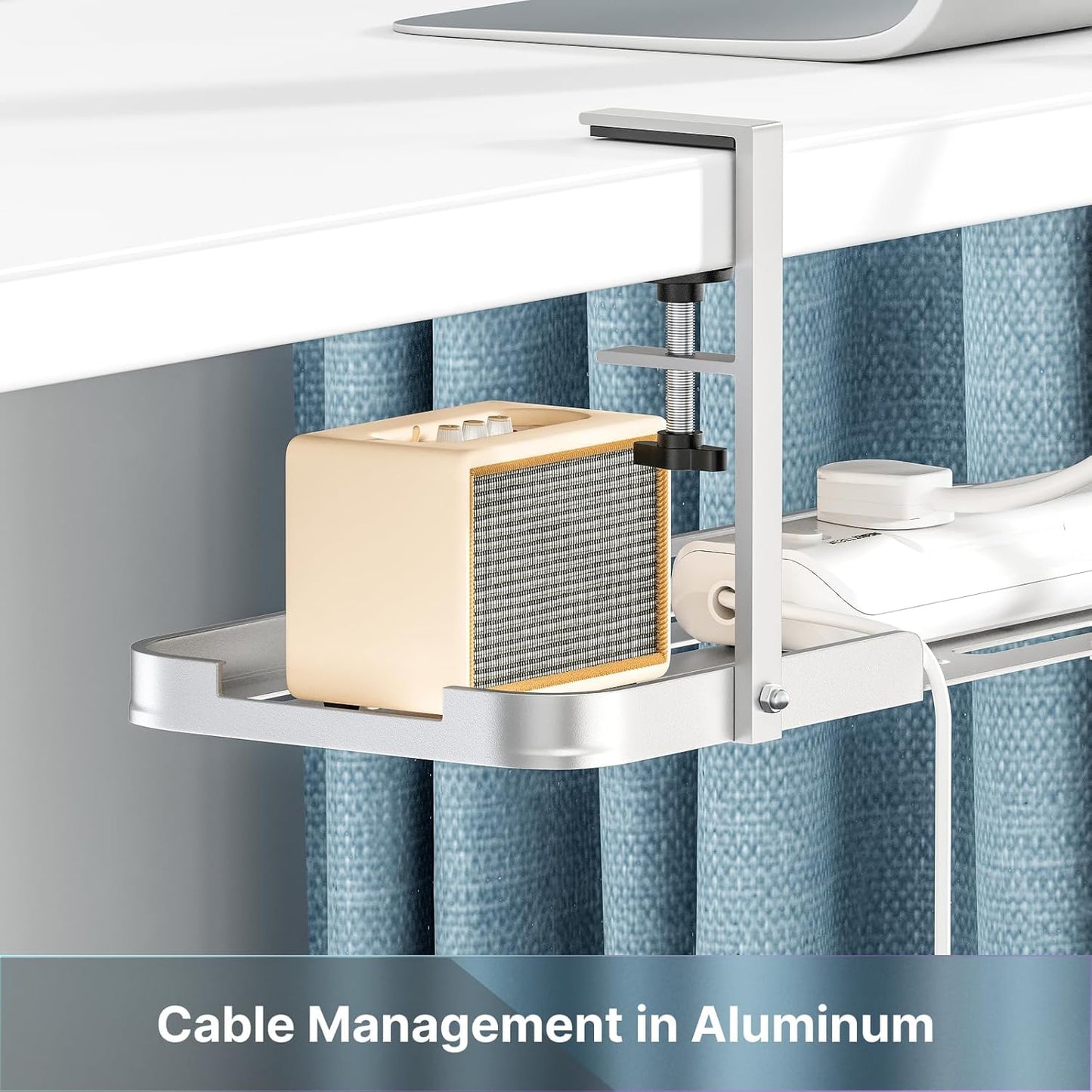 Mavens Under Desk Cable Management Tray, 13.7" No Drill Aluminum Alloy Cord Organizer with Clamps for Wire Management, Cord Organizers for Home Office Standing Desk (Elegant Silver)