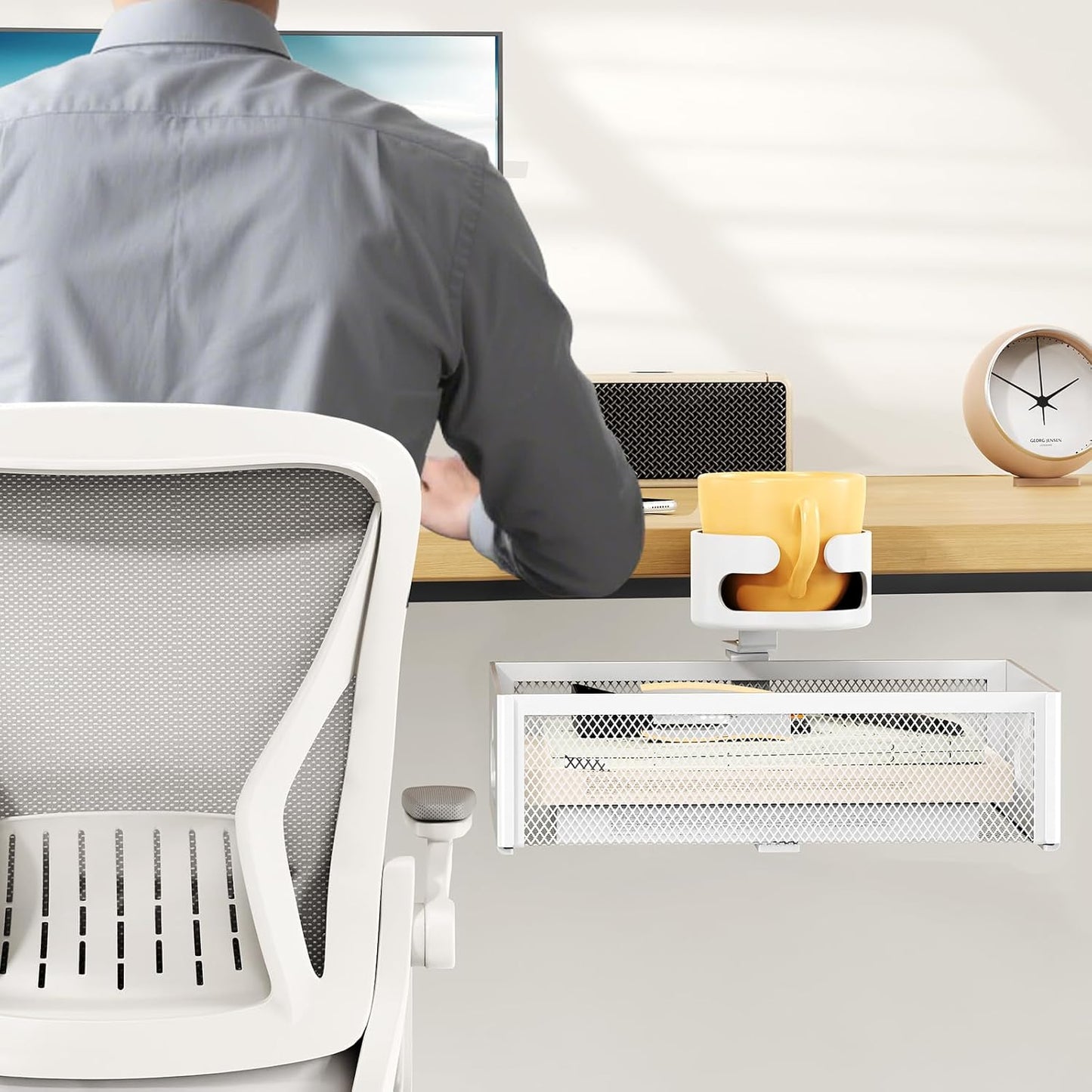 CABTE Desk Cup Holder with Drawer Organizer, Anti-Spill Clip-On Table Cup Hook with 360° Rotation Hidden Storage Box for Office Home Gaming Table (Black)