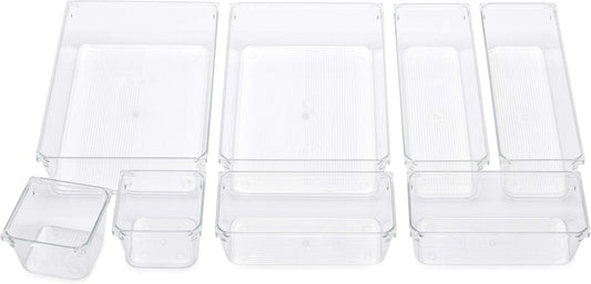 Masirs Clear Drawer Organizers Set 25 PCS – Plastic Storage Bins for Desk, Kitchen, Bathroom, Vanity – Modular, Stackable, Non-Slip Drawer Organizer Trays for Makeup, Utensils, Office Supplies