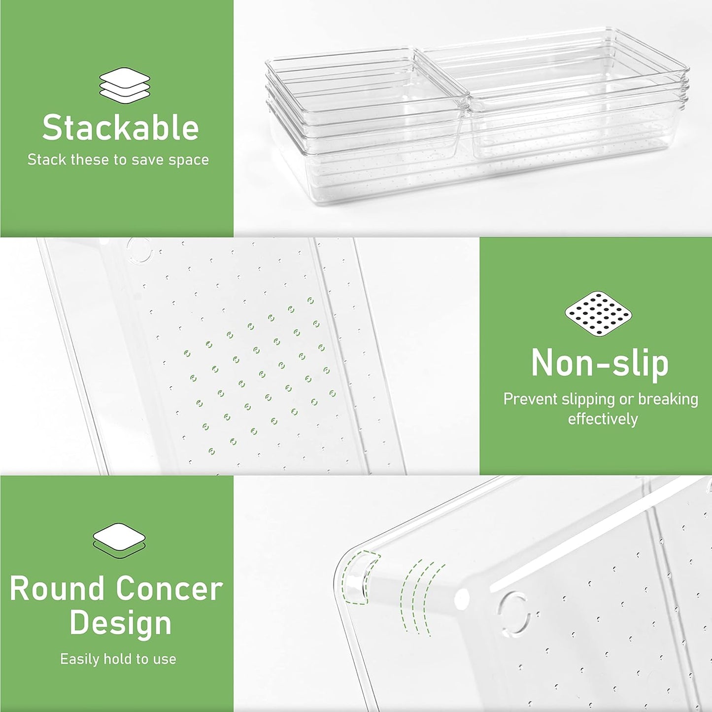 6 Pack Drawer Organizers, Plastic Clear Acrylic Non Slip Non Cracking kitchen drawer organizer Stackable Bathroom Drawer Organizer Trays, Storage Bins for Makeup, Bathroom, Kitchen Office