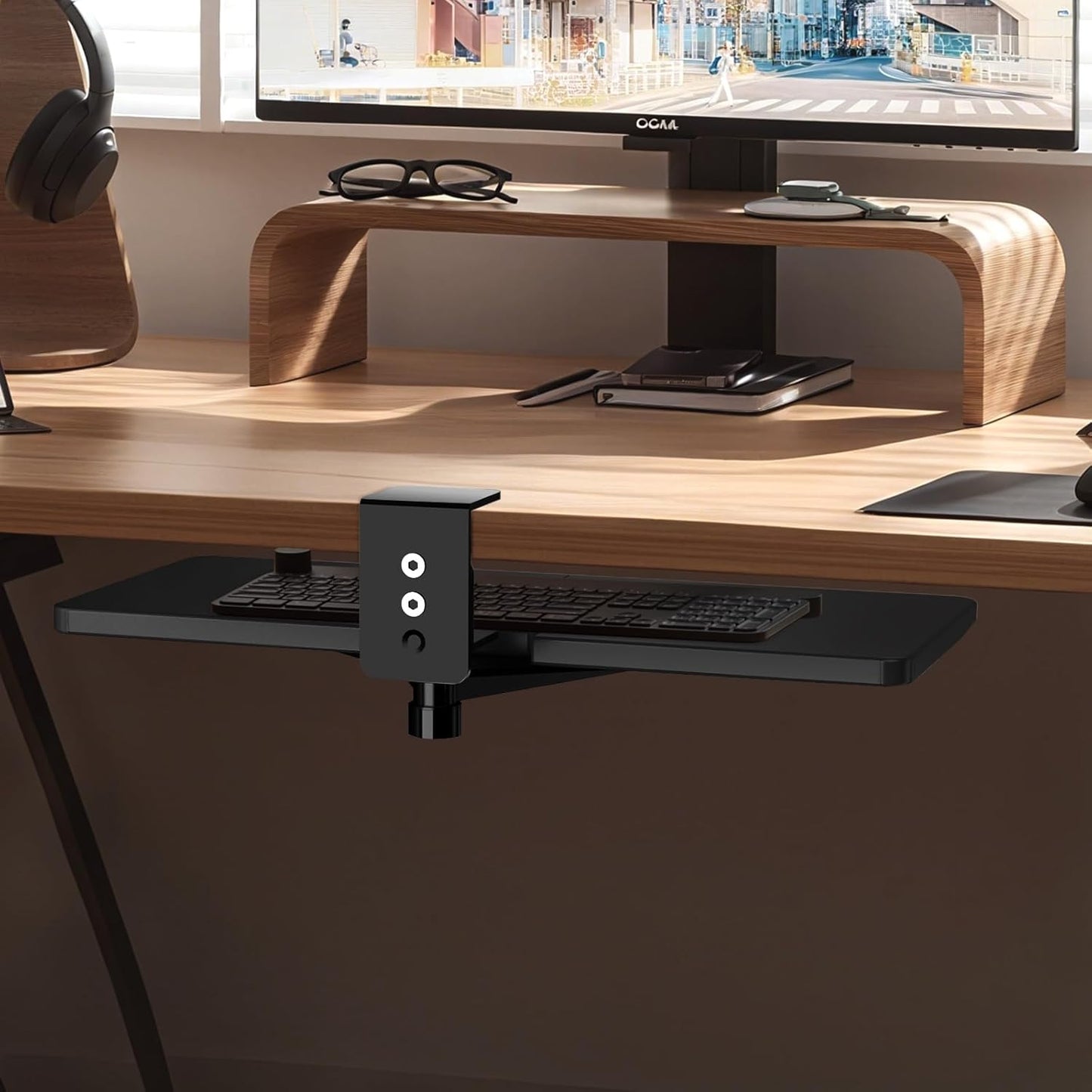 Large Under Desk Rotatable Computer Keyboard and Mouse Tray, 23 x 10 inch Extra Sturdy Desk Swivel Clamp, Ergonomic Keyboard & Mouse Tray for Typing in Home, Office Work, Black