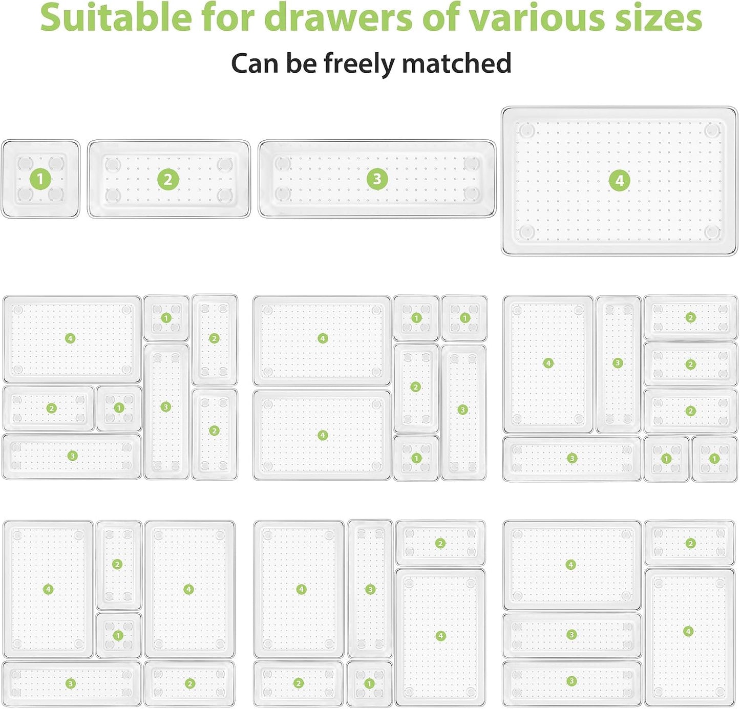 12 Piece Clear Drawer Organizer Set, 3 Sizes Bathroom Vanity Organizer Trays and Storage Bins for Makeup, Cosmetics, Jewelry, and Gadgets. Perfect for Office, Kitchen, Bedroom, Bathroom Use.