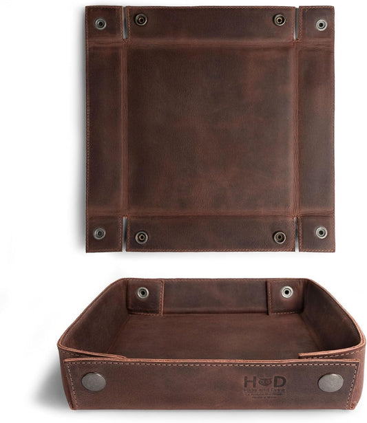 Hide & Drink, Leather Catchall Tray, Easy Access Organizer for Keys, Coins, Change, Jewelry, Watches, Smartphones, Durable, Vintage Style, Handmade :: Bourbon Brown
