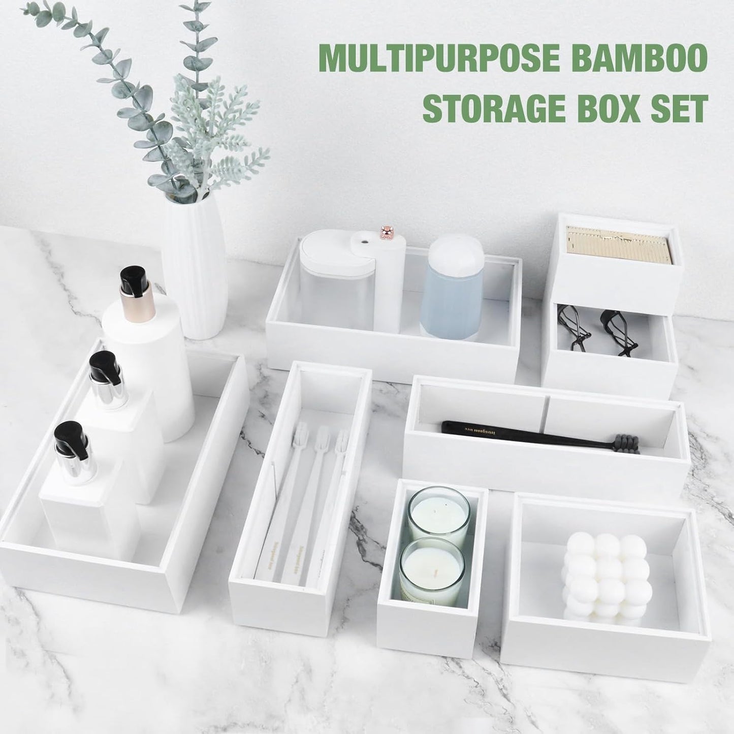 Bamboo Drawer Organizer,5 PCS White Bathroom Tray&Desk Organizers and Storage,Cabinet Divider With Removable Silverware Organization for Kitchen,Utensils,Junk,Office,Makeup