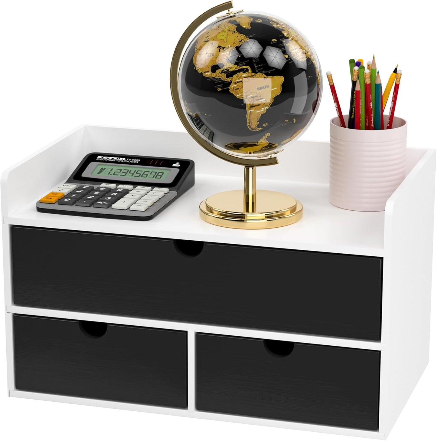 Desk Organizer with Drawers - Bamboo Desktop Organizer Storage | Wood Desk Drawers Organizer for Bills, Office Supplies, Cosmetics, Seals No Assembly Required (3 Drawer with Big Drawer)