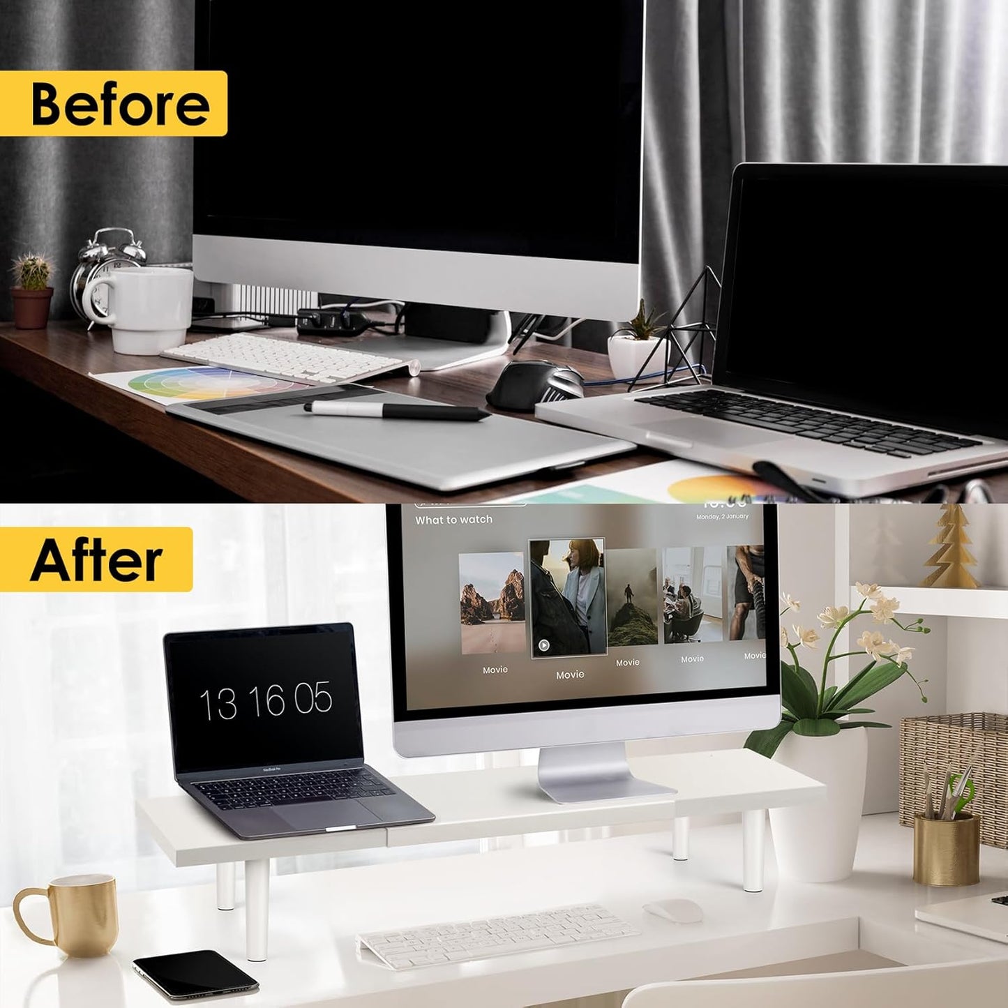 Across-Star Dual-Monitor-Stand-Riser-For-Desk Adjustable Length 32-40 Inch,Large Desktop Computer Monitor Riser For 2 Screens,Desk Shelf Organizer Riser Stand For Computer/Laptop/PC/Printer/TV Black
