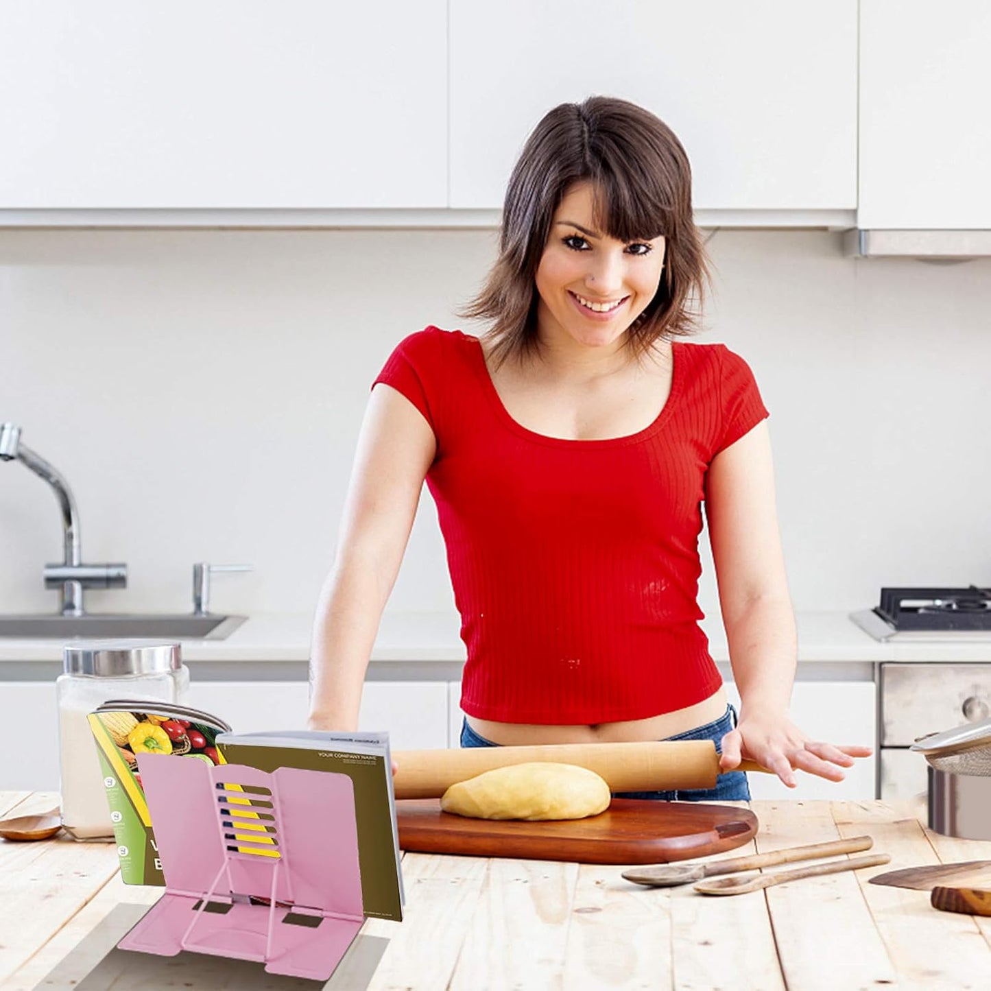 Blizzow Desk Book Stand Holder - Hands Free, Adjustable Metal Stand, Foldable Portable Bookstand - Cookbook, Recipe, Tablet, Music, Documents (Pink)