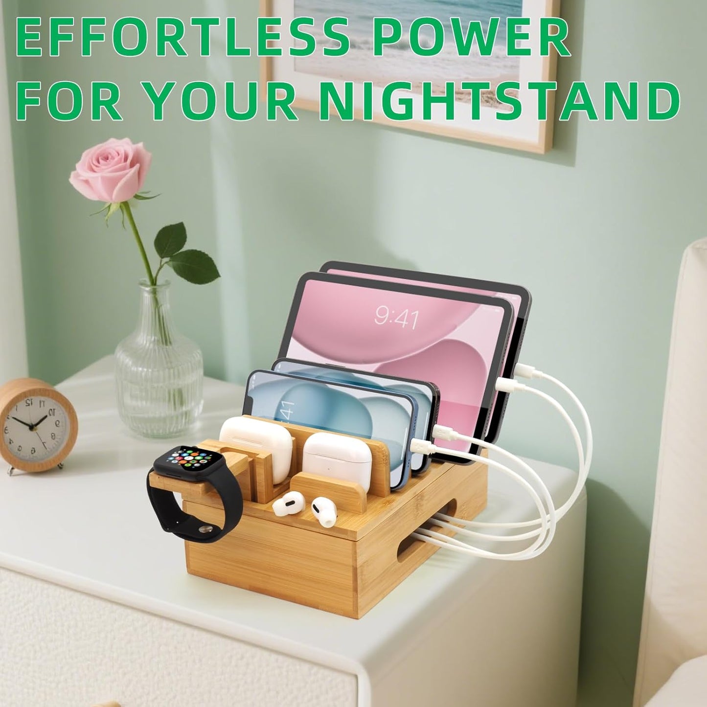 Bamboo Charging Station with Watch Stand, Desktop Charging Station Organizer, Wood Docking Station for Phones, Tablets, Watch, Earbuds (No Power Supply)