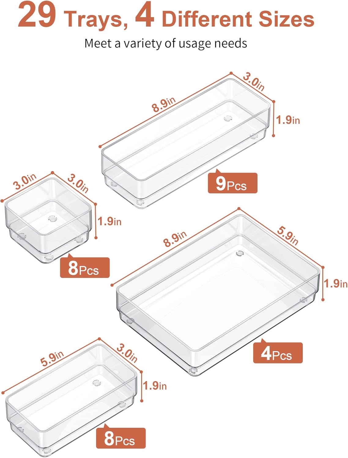 SMARTAKE 22-Piece Drawer Organizer with Non-Slip Silicone Pads, 4-Size Clear Desk Drawer Organizer Trays Storage Tray for Makeup, Jewelries, Utensils in Bedroom Dresser, Office and Kitchen, Clear
