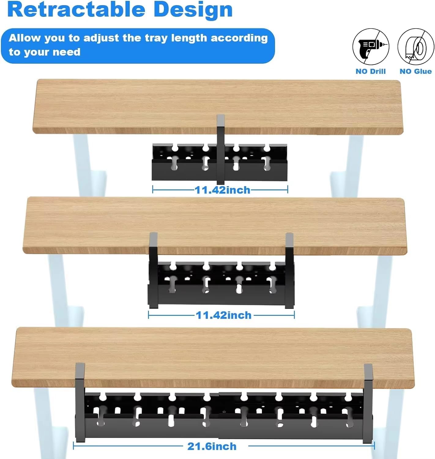 Under Desk Cable Management Tray – No Drill, Retractable Metal Cord Organizer with Clamp Mount, Adjustable Length (11.4" to 21.6"), Desk Wire Organizer for Home Office & Standing Desks, Black