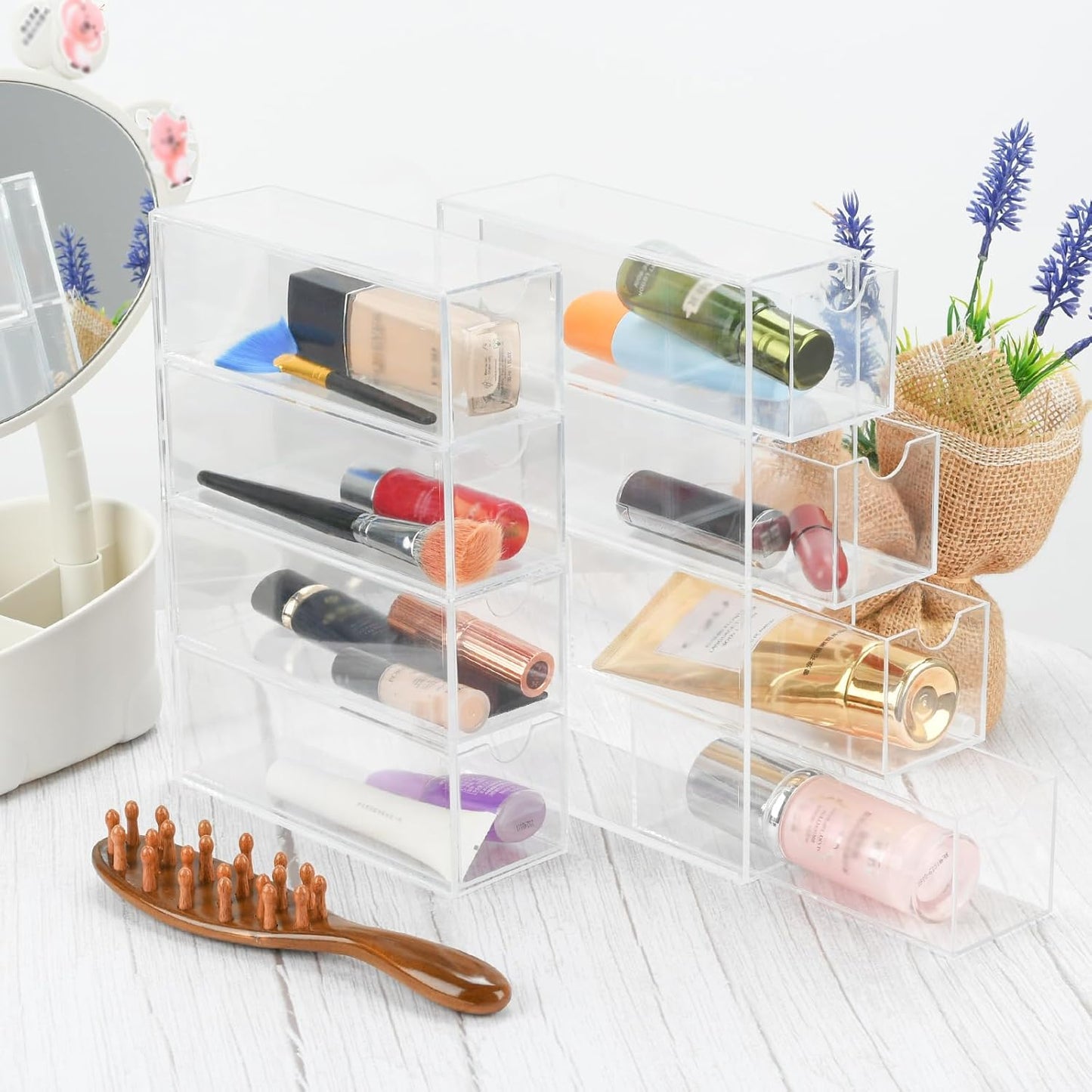 2 Pack Desktop Organizers of 8 Storage Drawers, Clear Acrylic Glasses Storage Drawers Organizer Office Desk Organizer for Vanity Table, Bathroom Counter, Teacher Desk, Dorm