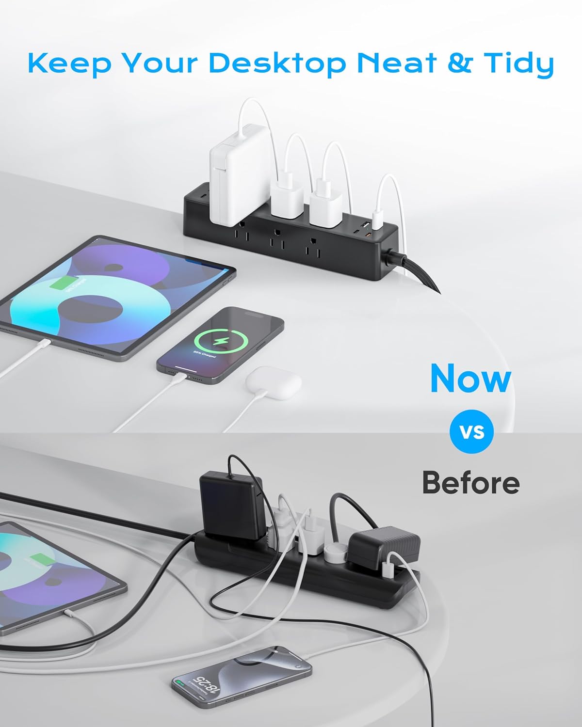 Flat Plug Desk Clamp Power Strip 10FT, 40W Total Fast Charging Station, Dual PD 20W USB C Ports, Desk Edge Mount Power Strip 9 AC Outlets 8 USB Ports(4 USB C) Surge Protector, Fit 1.7" Tabletop Edge